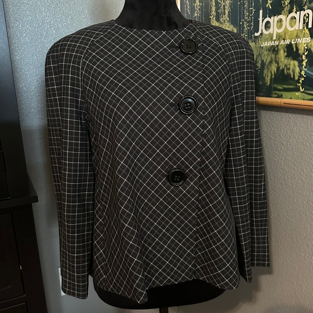 Anne Klein Blazer Jacket Women 10 Blk Grid Wool Blend Asymmetrical Button Front